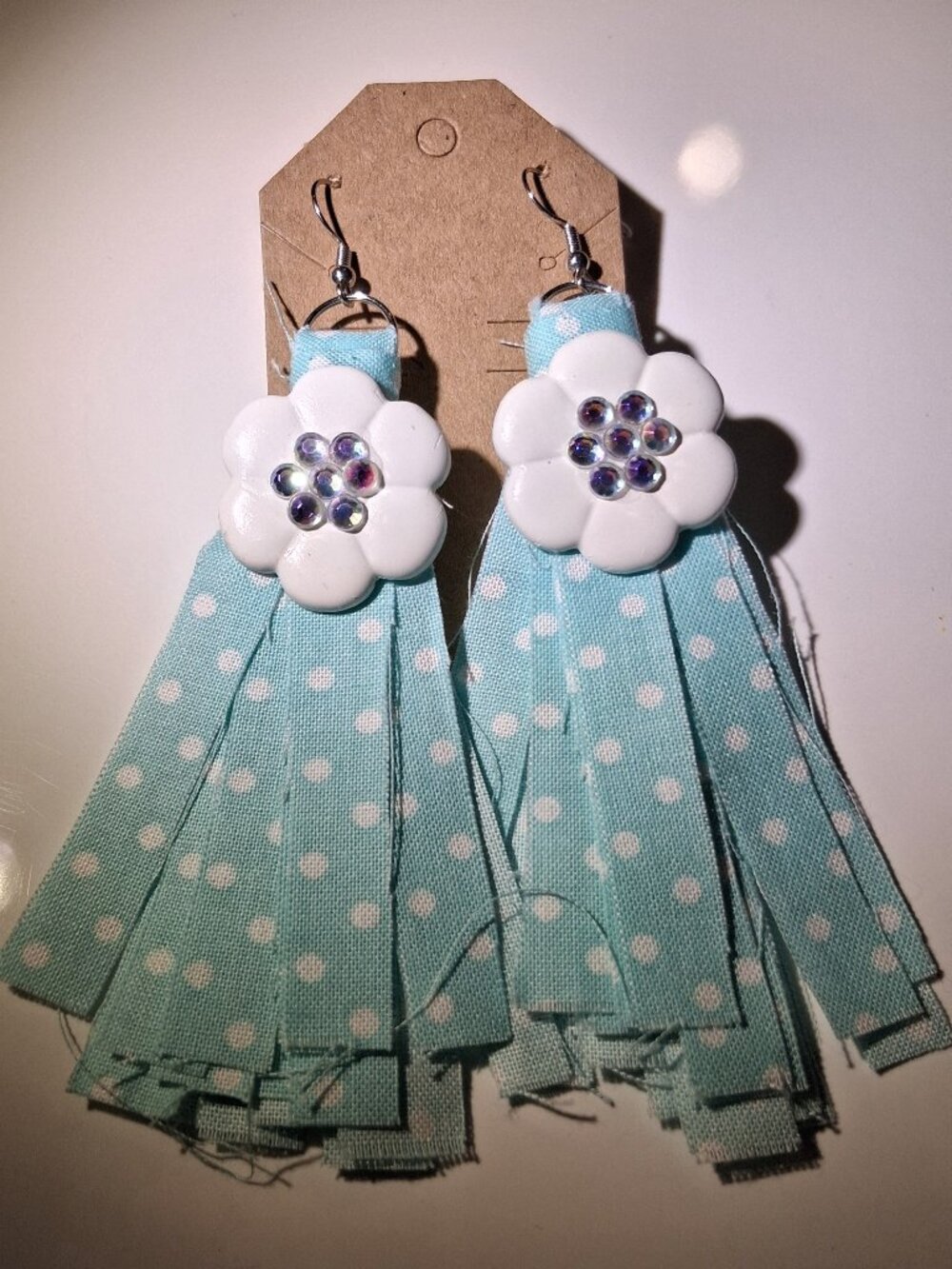 Handmade Light Blue Polka Dot Fabric Earrings